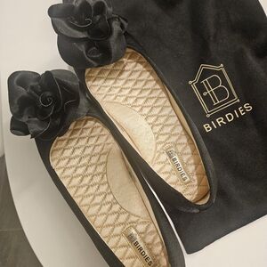 Birdies Black Satin Flats with Floral Detail